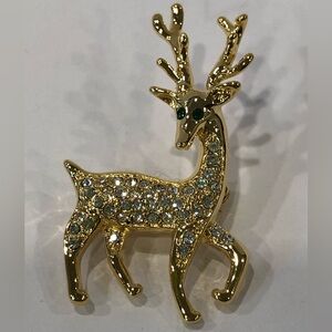 Gold Tone rhinestone Shiny Reindeer Mini Holiday Christmas Brooch Pin